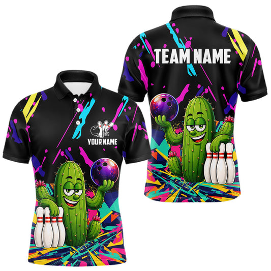 Maxcorners Colorful Bowling Jersey Funny Cactus Bowling Polo & 1/4 Zip For Men Custom Bowling Team Shirts LM1005