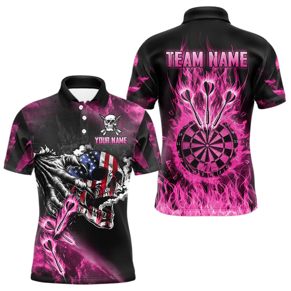 Maxcorners Fire Flame Darts Board American Flag Skull Dart Shirts For Men Custom Darts Team Jerseys |Pink LM1109