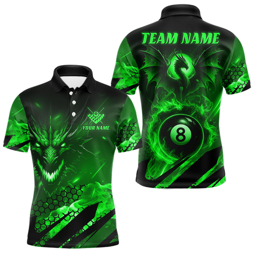Maxcorners Personalized Green Flaming Dragon 8 Ball Billiard Shirt For Men, Pool Team Jersey Polo & 1/4 Zip