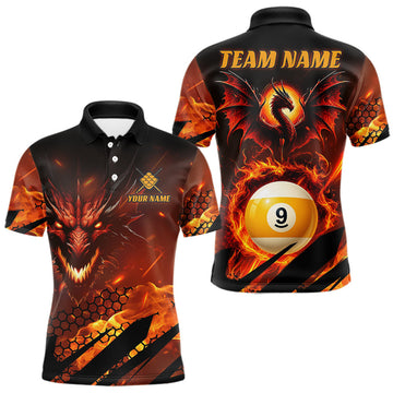 Maxcorners Personalized Orange Flaming Dragon 9 Ball Billiard Shirt For Men, Pool Team Jersey Polo & 1/4 Zip LM0410