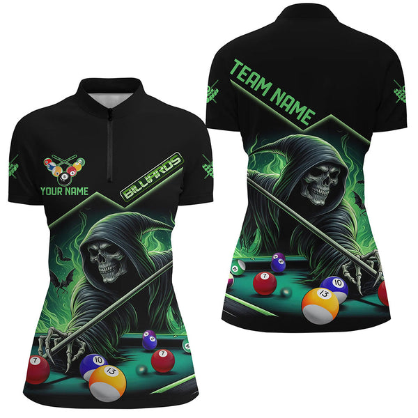 Maxcorners Funny Green Death Skeleton Play Pool Custom 3D Printed Billiard Shirts For Women Billiard Jerseys