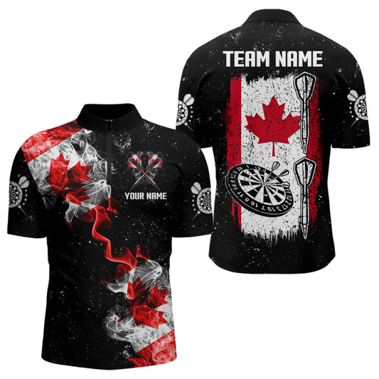 Maxcorners Customized Grunge Canada Flag Smoke Darts Polo & Quarter-Zip Shirts, Patriotic Darts Jersey For Men