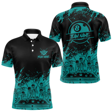 Maxcorners Black And Teal Funny Skeleton Billiard Shirts For Men Custom 8 Ball Pool Billiard Team Jersey