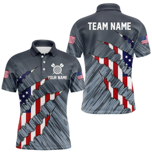 Maxcorners American Flag Grey Grunge Darts Polo & Quarter Zip Custom Dart Shirt For Men Patriotic Dart Jersey LM0404