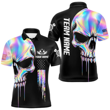Maxcorners Black And Holographic Skull Darts Shirt For Men Custom US Flag Darts Team Jersey Polo & 1/4 Zip