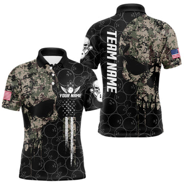 Maxcorners Retro Camo Skull Bowling Shirts For Men Custom US Flag Bowling Team Jersey Polo & Quarter Zip