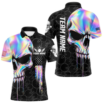 Maxcorners Black And Holographic Skull Bowling Shirts For Men Custom Patriotic US Flag Bowling Team Jersey