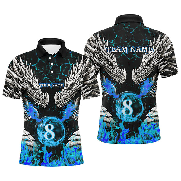 Maxcorners Personalized Twin Dragons Blue Flaming 8 Ball Pool Men Billiard Shirt Team League Billiard Jerseys