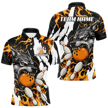 Maxcorners Personalized Orange Flame Wolf Bowling Shirts For Men Custom Bowling League Team Jersey LM1307