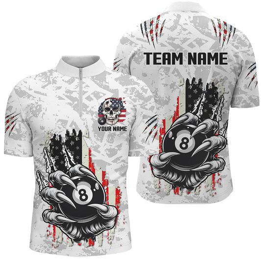 Maxcorners Funny Claw Tearing US Flag 8 Ball Pool Custom Billiard White Color Shirts For Men, Patriotic Billiard Jerseys