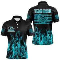 Maxcorners Turquoise Flaming American Flag Men's Billiard Shirt Custom Patriotic Pool Player Billiard Jersey  LM2206
