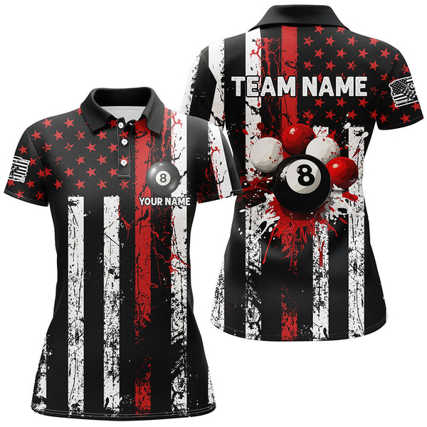 Maxcorners Billiard Red Grunge Us Flag Patriotic  Customized Name, Team Anme 3D Polo Shirt