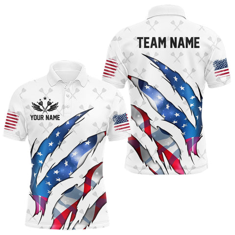 Maxcorners Personalized Glowing American Flag Patriotic Dart Shirt For Men, Darts Team Jerseys Polo & 1/4 Zip TU1108