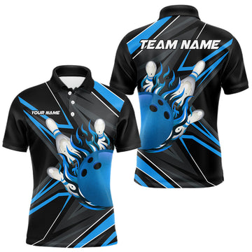 Maxcorners Black And Blue Men's Bowling Shirts Custom Fire Flame Bowling Team Jersey Polo & Quarter Zip LM0410