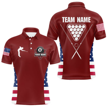 Maxcorners Personalized US Flag 8 Ball Pool Billiard Shirt For Men, Billiard Team Jersey Polo & 1/4 Zip |Red LM1112