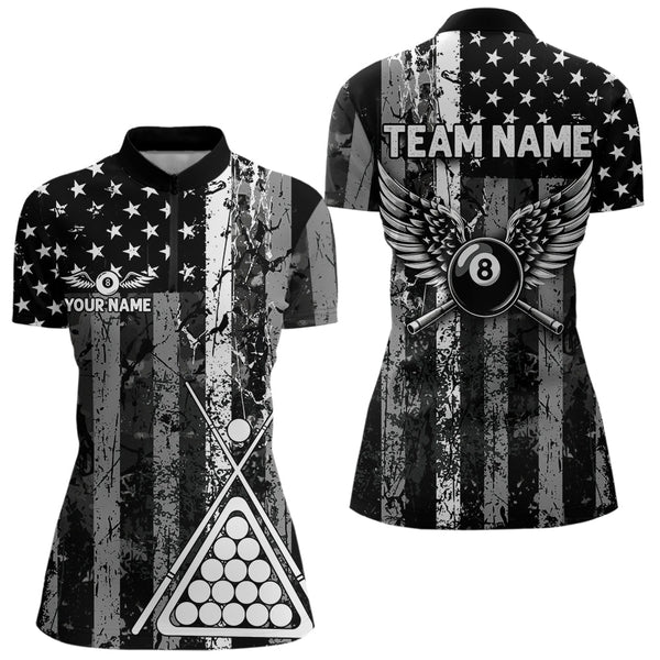 Maxcorners Black White 8 Ball Wings Grunge Us Flag Patriotic Billiard Shirts For Men Custom Billiard Jerseys
