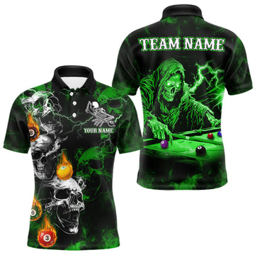 Maxcorners Personalized Smoke Skull Green Billiard Shirts For Men, Grim Reaper Pool Jersey Team Polo, 1/4 Zip LM1202