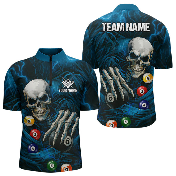 Maxcorners Personalized Blue Funny Skeleton Pool Balls Billiard Shirt For Men, Skull Billiard Team Jerseys LM1307