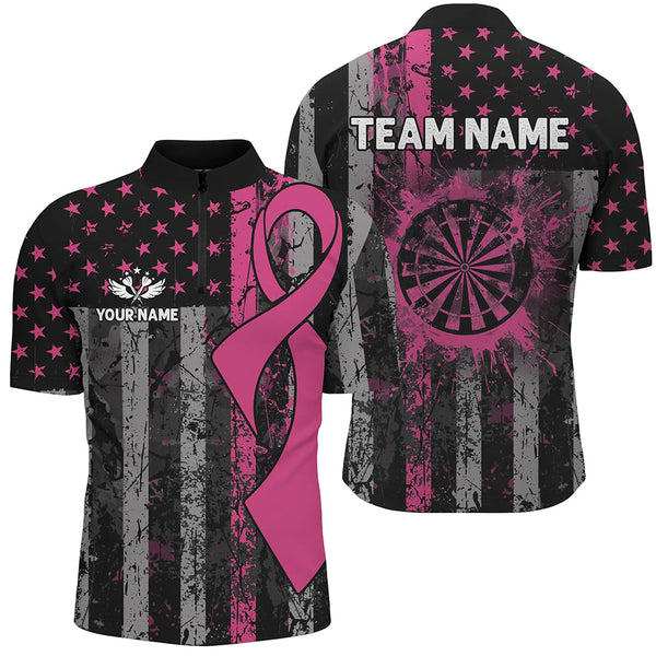 Maxcorners Pink Ribbon Grunge American Flag Patriotic Darts Jersey Customized Name, Team Name 3D Polo Shirt