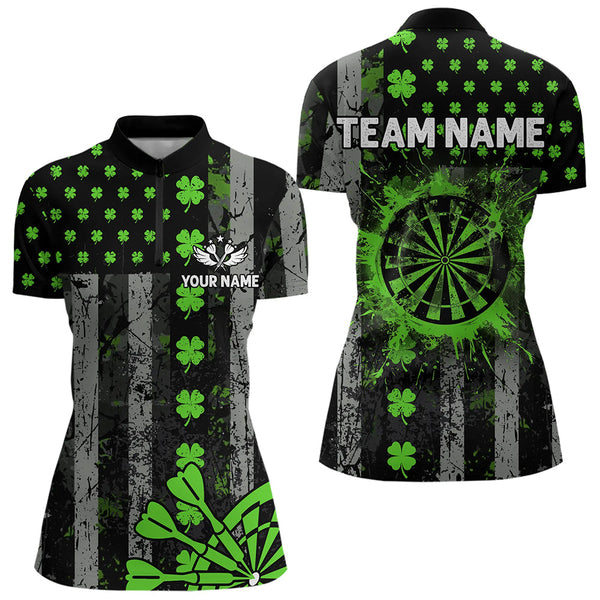 Maxcorners Green Grunge Us Flag Luckiest Shamrock Patriotic Men And Women Dart Shirt Custom St Patrick Day Dart Jersey