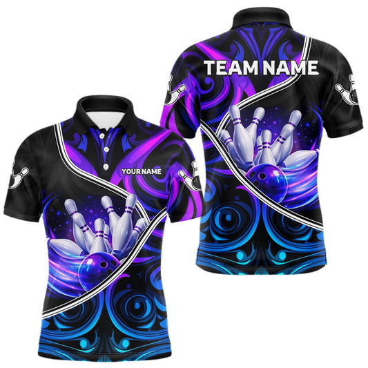 Maxcorners Custom Neon Purple Blue Tribal Bowling Shirts For Men, Bowling Team Jersey Polo & Quarter Zip