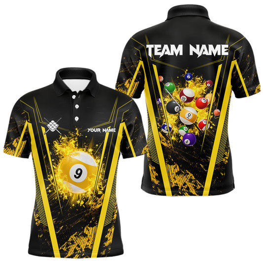 Maxcorners Yellow And Black Grunge 9 Ball Pool Billiard Shirts For Men Custom 9 Ball Billiard Team Jersey