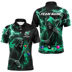 Maxcorners Turquoise Grim Reaper Billiard Shirts For Men Custom Thunder Lightning Team League Billiard Jersey TU1208