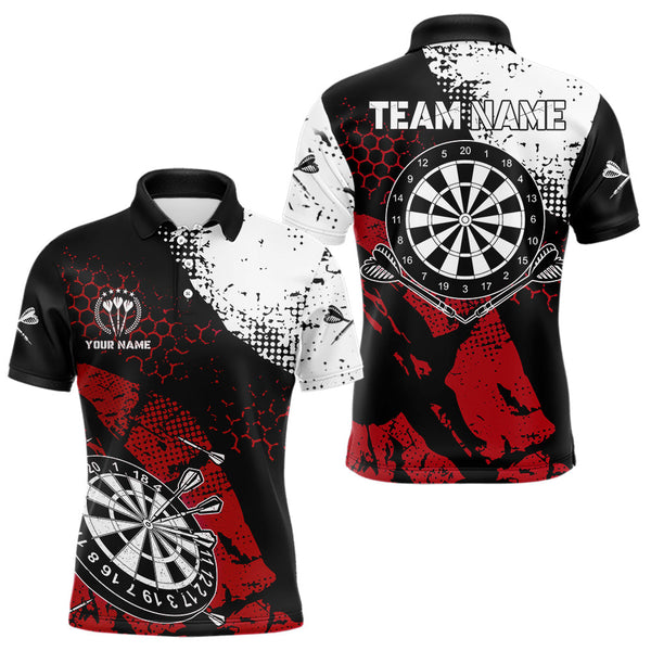 Maxcorners Retro Black Red Grunge Pattern Darts Polo, Quarter Zip Custom Men Dart Shirt Team Dart Jersey