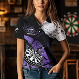 Maxcorners Retro Black Purple Grunge Pattern Darts Polo, Quarter Zip Custom Men Dart Shirt Team Dart Jersey