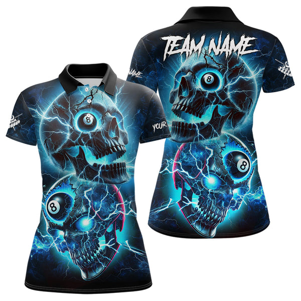 Maxcorners Personalized Blue Billiard 8 Ball Skull Billiard Polo & 1/4 Zip For Men, Lightning Billiard Jerseys LM133