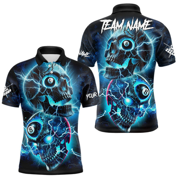 Maxcorners Personalized Blue Billiard 8 Ball Skull Billiard Polo & 1/4 Zip For Men, Lightning Billiard Jerseys LM133