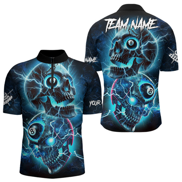 Maxcorners Personalized Blue Billiard 8 Ball Skull Billiard Polo & 1/4 Zip For Men, Lightning Billiard Jerseys LM133
