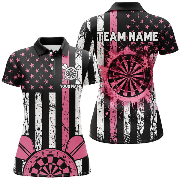 Maxcorners Pink Grunge American Flag Patriotic Darts Jersey Customized Name, Team Name 3D Polo Shirt