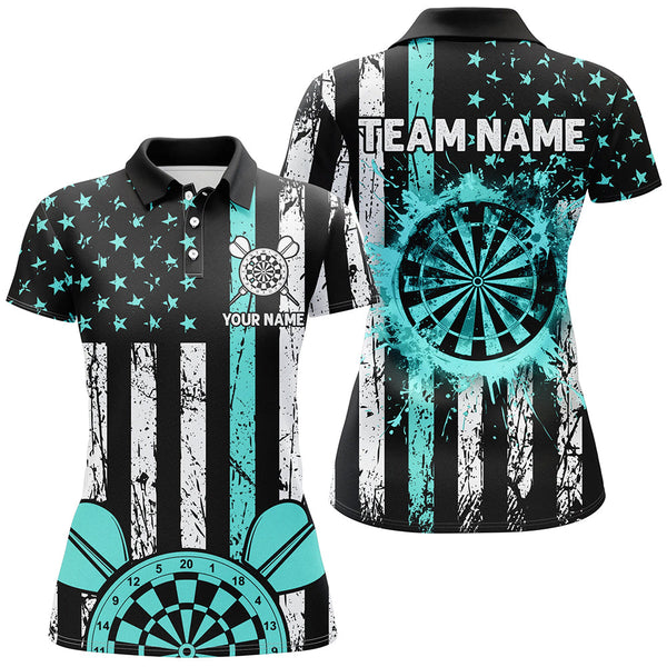 Maxcorners Turquoise Grunge Us Flag Patriotic Darts Jersey Customized Name, Team Name 3D Polo Shirt