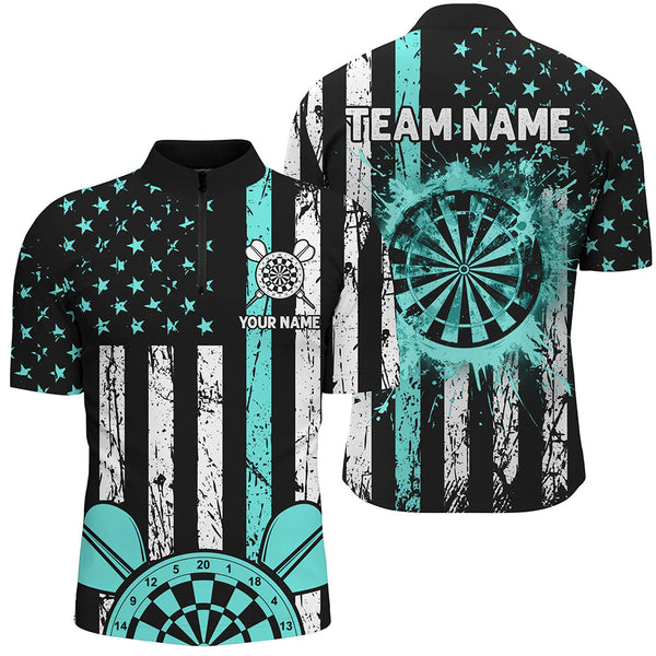 Maxcorners Turquoise Grunge Us Flag Patriotic Darts Jersey Customized Name, Team Name 3D Polo Shirt