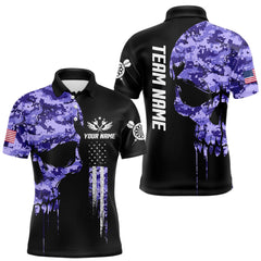 Maxcorners Purple Camouflage Skull Darts Shirt For Men Custom Patriotic US Flag Darts Jersey Polo & 1/4 Zip LM1411