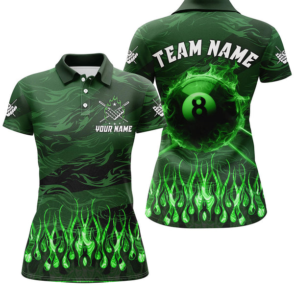 Maxcorners Personalized Green Flaming 8 Ball Pool Cue Fire Billiard Shirts For Men Team League Billiard Jersey