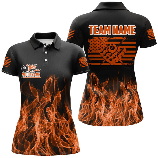 Maxcorners 3D Orange Flaming American Flag Men And Women Billiard Shirt Custom Patriotic Pool Player Billiard Jersey