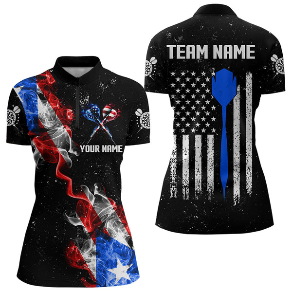 Maxcorners Customized Grunge Us Flag Smoke Darts Polo & Quarter-Zip Shirts, Patriotic Darts Jerseys For Men And Women