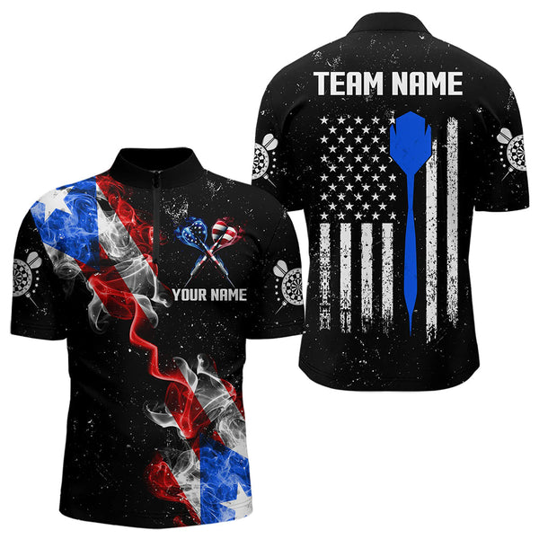 Maxcorners Customized Grunge Us Flag Smoke Darts Polo & Quarter-Zip Shirts, Patriotic Darts Jerseys For Men And Women