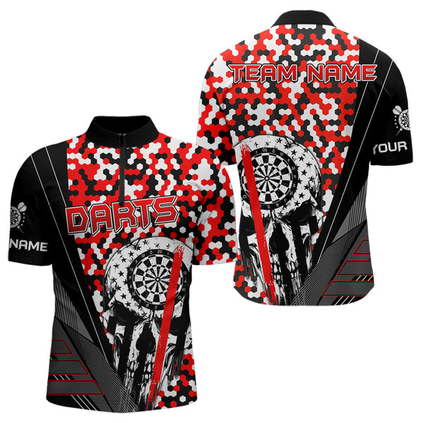 Maxcorners Personalized Red Camo Skull Dart Shirts For Men Custom Funny Skull Dart Jerseys Polo & 1/4 Zip  Lm173