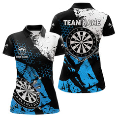 Maxcorners Retro Black Blue Grunge Pattern Darts Polo, Quarter Zip Custom Men Dart Shirt Team Dart Jersey