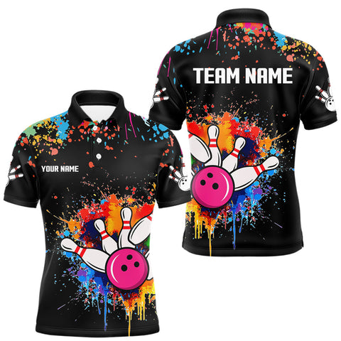 Maxcorners Funny Colorful Bowling Shirt For Men Custom Bowling Team Jersey Outfit Polo & Quarter Zip |Black LM1708