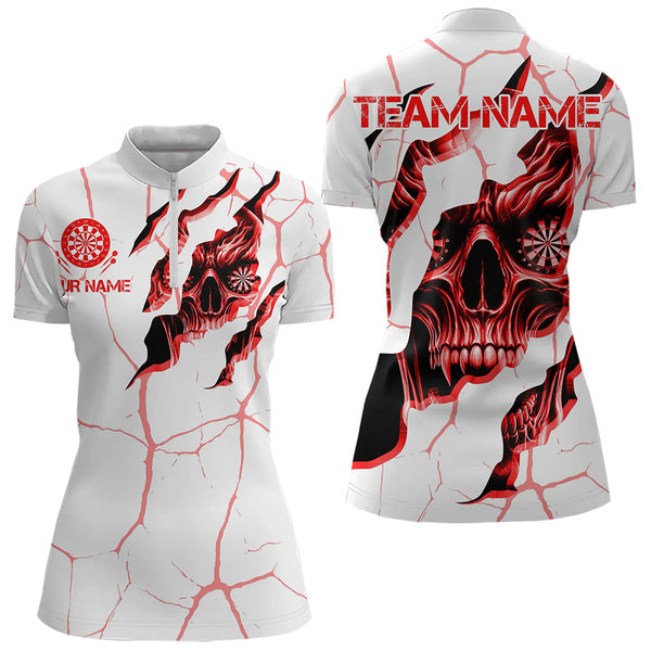 Maxcorners Personalized Skull White Red Grunge Darts Polo & Quarter-Zip For Men Custom Dart Team Jerseys