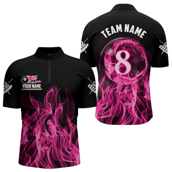 Maxcorners 3D Pink Flaming 8 Ball Pool Men Billiard Polo & 1/4 Zip Shirt Custom Pool Player Billiard Jersey