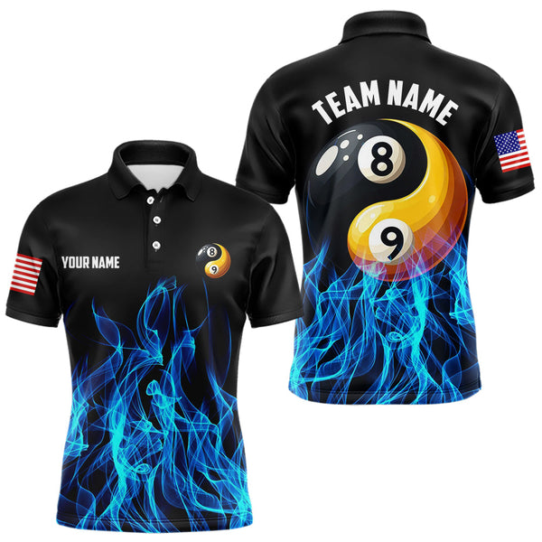 Maxcorners Blue Flaming Ying And Yang 8 Ball & 9 Ball Billiard Shirts For Men Custom Pool Billiard Jerseys