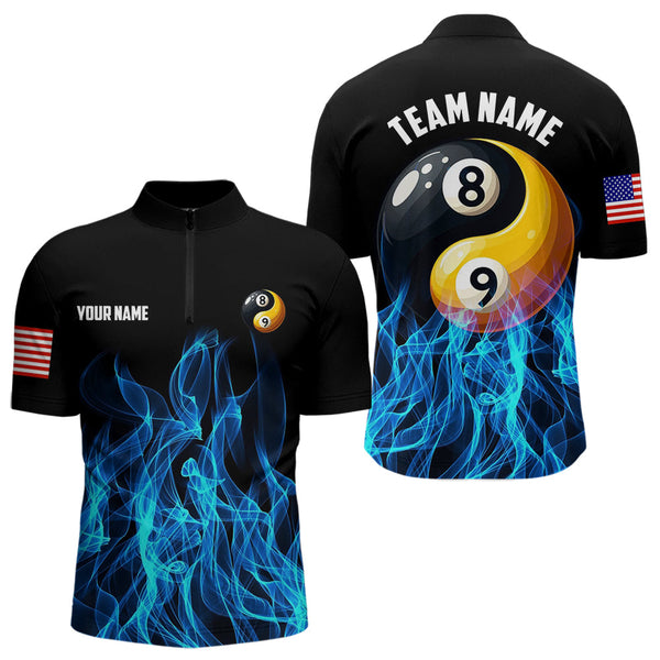 Maxcorners Blue Flaming Ying And Yang 8 Ball & 9 Ball Billiard Shirts For Men Custom Pool Billiard Jerseys