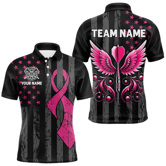 Maxcorners Custom Pink Ribbon Wings Darts Shirt For Men, US Flag Breast Cancer Darts Jersey Polo & 1/4 Zip LM1904