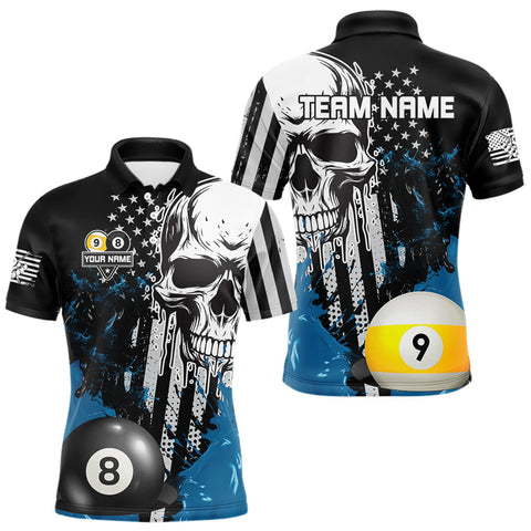 Maxcorners Personalized 8 & 9 Ball Pool Skull Billiard Shirt For Men Custom Grunge Billiard Team Jersey |Blue TU1908
