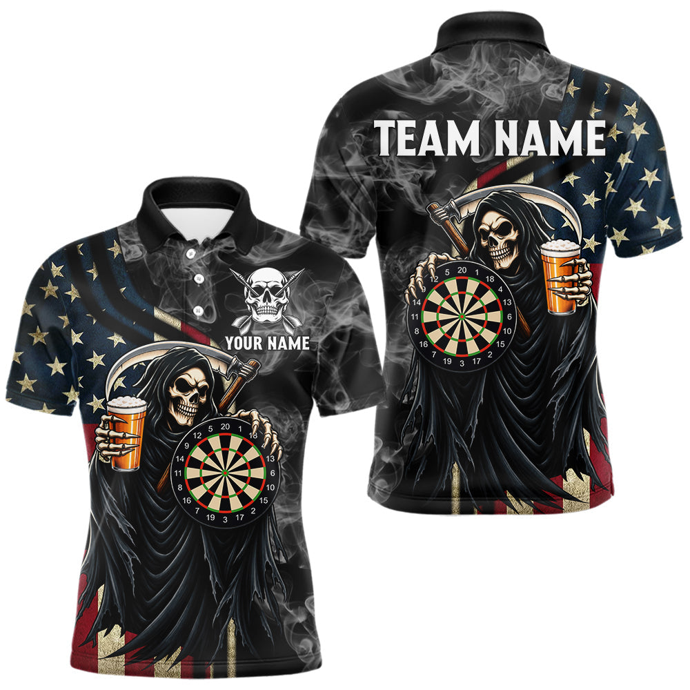 Maxcorners US Flag Grim Reaper Smoke Darts Shirt For Men Custom Beer Darts Team Jersey Polo & 1/4 Zip
